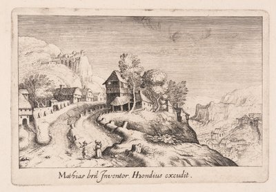 Paisaje con un sendero que asciende una montaña a través de un pueblo, de Topographia Variarum Regionum de Simon Frisius