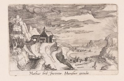 Paisaje con un valle fluvial y una iglesia sobre una colina, de Topographia Variarum Regionum de Simon Frisius