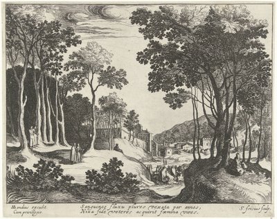 Paisaje con Cristo y la curación de la mujer sangrando Paisajes con escenas de la vida de Cristo (título de serie) de Simon Frisius