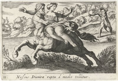Nessus intenta sacudir a Deïanira te El vínculo de Dianira se elimina del medio (título sobre objeto) Tema de Herculische (título de la serie) de Simon Frisius