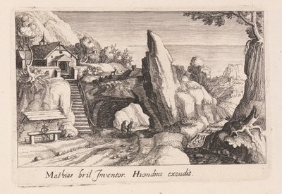 Pareja de figuras caminando bajo un puente de roca, de Topographia Variarum Regionum de Simon Frisius
