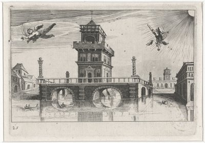 Paisaje urbano con Ícaro y Dédalo Paisajes del sur de Europa (título de la serie) Topographia variarum regionum (título de la serie) de Simon Frisius
