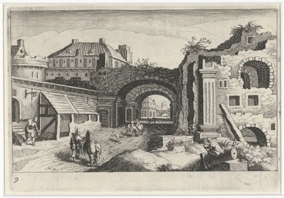 Paisaje urbano con una ruina Paisajes del sur de Europa (título de la serie) Topographia variarum regionum (título de la serie) de Simon Frisius