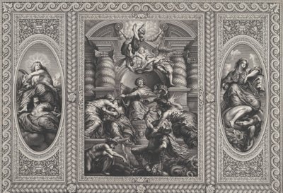 James I nombrando a Carlos como Rey de Escocia en el centro, Minerva atravesando la Ignorancia a la derecha..., 1720 de Simon Gribelin