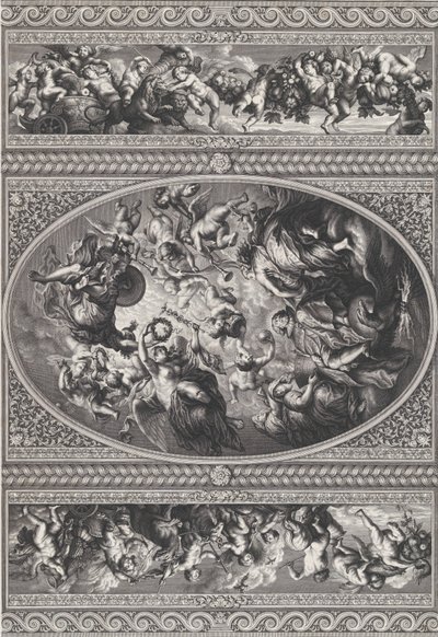 La apoteosis de Jacobo I en un óvalo en el centro, frisos con putti y guirnaldas, 1720 de Simon Gribelin