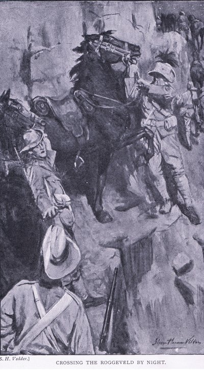 Cruzando el Roggevald de noche, de Después de Pretoria: La Guerra de Guerrillas publicado por Harmsworth Bros Limited, 1901 de Simon Harmon Vedder