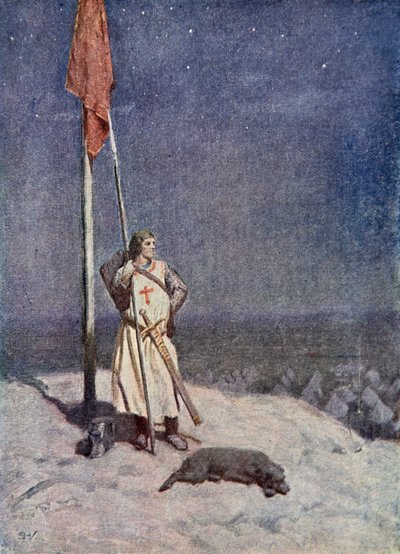 El Caballero vigila en el Monte de San Jorge con la bandera de Inglaterra, ilustración de 