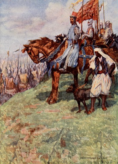 El Corazón de León sentado a caballo, a su lado estaba el esclavo nubio, sosteniendo un perro con correa, ilustración de "El Talismán: Un Cuento de los Cruzados" de Sir Walter Scott de Simon Harmon Vedder