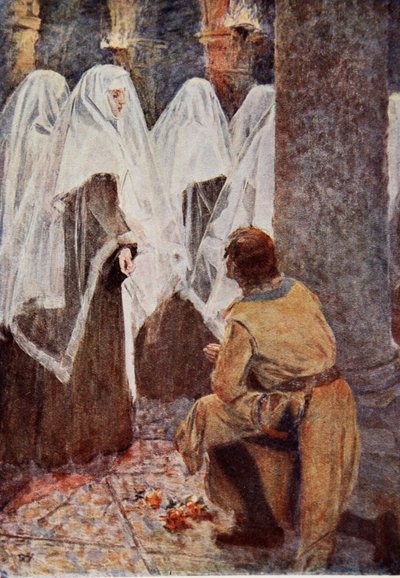 El caballero escocés de rodillas observó cómo las monjas veladas pasaban, ilustración para 