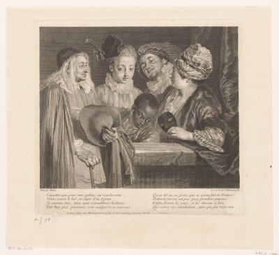 Gezelschap van vijf actores bij een parapeto las coquetas Obra de Antoine Watteau (título de la serie) La obra de Antoine Watteau, pintor del rey en su Real Academia de Pintura y Escultura (...) (título de serie) de Simon Henri Thomassin