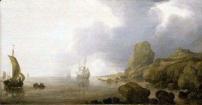 Barcos en las aguas poco profundas de una bahía rocosa, una visión romántica e idealizada. Óleo sobre madera, por Simon de Vlieger (1600-1653). de Simon Jacobsz. Vlieger