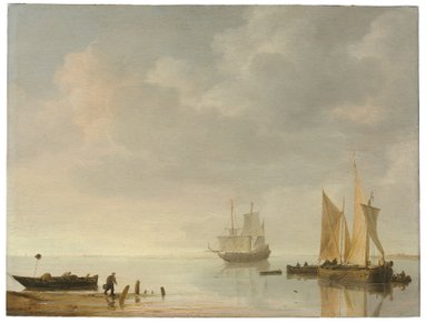 Escena costera con barcos descansando en aguas tranquilas de Simon Jacobsz. Vlieger