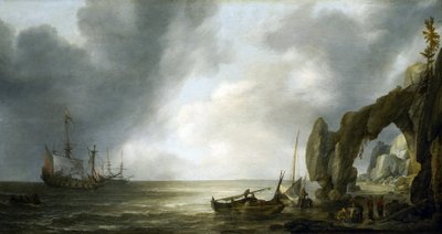 Buques de guerra holandeses anclados frente a una costa rocosa, unos pocos tripulantes desembarcados en la orilla, reunidos en torno a cestas de pesca. de Simon Jacobsz. Vlieger