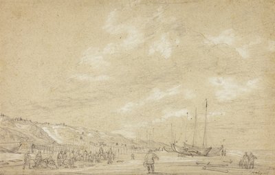 Pescadores secando redes en la playa de Scheveningen de Simon Jacobsz. Vlieger