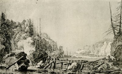 Paisaje con un río entre bancos montañosos de Simon de Vlieger