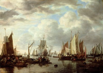 Embarcaciones frente a Dordrecht de Simon de Vlieger