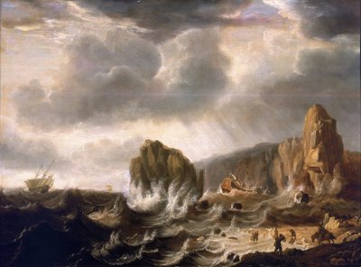 Naufragio en una costa rocosa. Óleo sobre madera de Simon Jacobsz. Vlieger