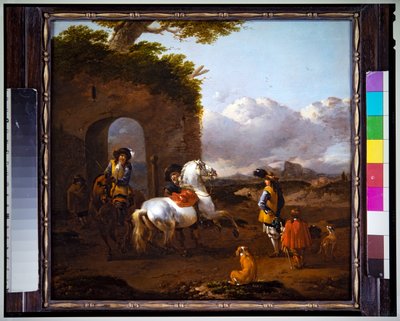 Caballeros en un paisaje italianizante (panel) de Simon Johannes van Douw