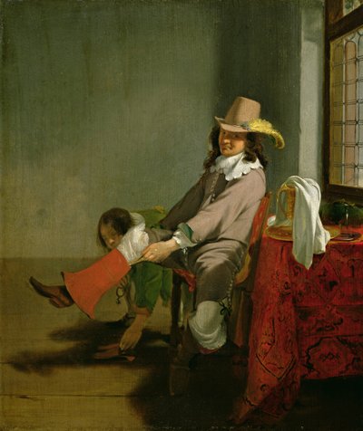 Interior con un oficial poniéndose la bota, ayudado por su ayudante (óleo sobre tabla) de Simon Kick