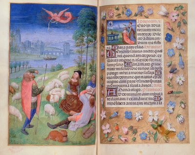 Añadir 38126 fol.79v-80 La Anunciación a los pastores, de las Horas Huth de Simon Marmion