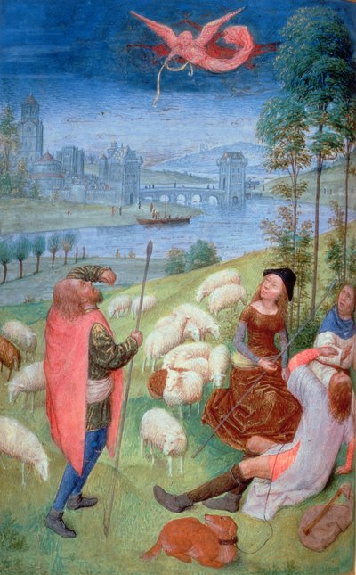 Añadir 38126 fol.79v-80 La Anunciación a los pastores, de las Horas Huth, 485-90 (vitela)iennes (detalle de 20281) de Simon Marmion