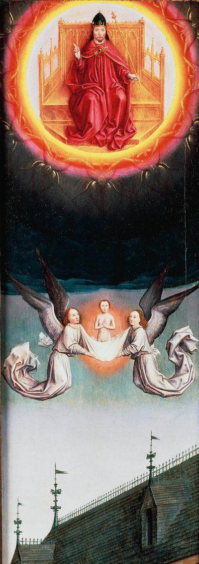 El alma de San Bertín subiendo al cielo, fragmento del Retablo de San Bertín, hacia 1459, de Simon Marmion (hacia 1425-1489), óleo sobre tabla, 57,7x20,5 cm. de Simon Marmion
