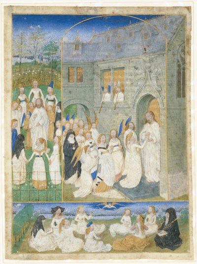 Las santas vírgenes recibidas por Cristo al entrar por las puertas del Paraíso de Simon Marmion