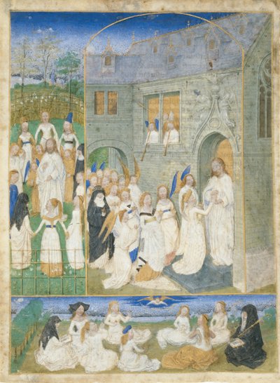 Las santas vírgenes saludadas por Cristo al entrar en las puertas del Paraíso de Simon Marmion