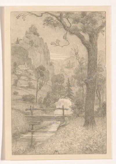 Paisaje de montaña con cascada y puente de Simon Moulijn