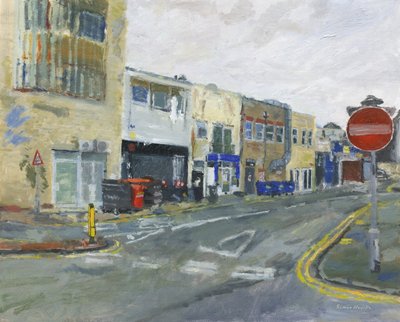 Parte trasera de un desfile de tiendas, 2025 (óleo sobre lienzo) de Simon Neville