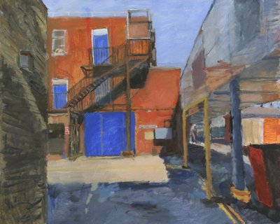 Edificio con 3 puertas azules, 2024 (acrílico sobre lienzo) de Simon Neville