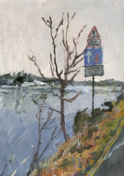 Río Támesis con árbol y señales de tráfico, 2023 (acrílico sobre papel) de Simon Neville