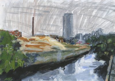 River Wandle and Ram Brewery redevelopment site, Wandsworth, 2025 (acrílico, rotuladores de pintura acrílica, rotuladores de tinta china, rotuladores de tinta al óleo y grafito sobre papel) de Simon Neville