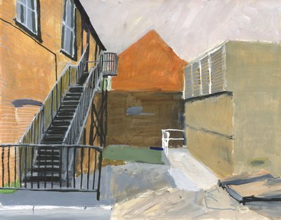 Small courtyard, Wandsworth, 2025 (acrílico, rotuladores de pintura acrílica, rotuladores de tinta china, rotuladores de tinta al óleo y grafito sobre papel) de Simon Neville