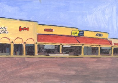 Strip mall 7, 2023 (acrílico sobre papel) de Simon Neville