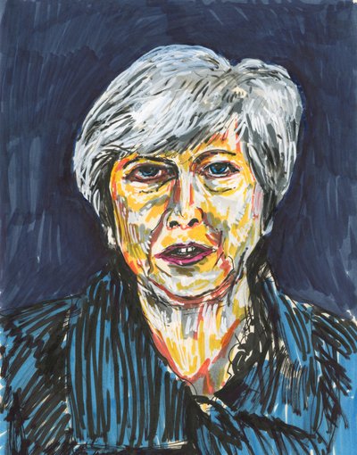 Theresa May, 2019 (tinta y rotuladores de pintura acrílica sobre papel) de Simon Neville