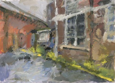 Edificio de almacenes y central telefónica, 2023 (gouache sobre papel) de Simon Neville