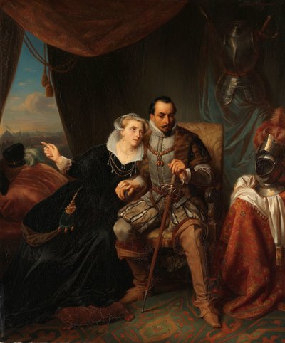 Magdalena Moons ruega a su prometido Francisco Valdez que posponga el asalto a Leiden una noche más, 1574
Escena de la Guerra de los Ochenta Años de Simon Opzoomer