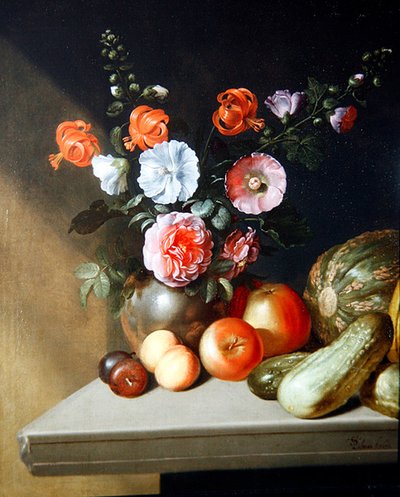 Bodegón de rosas, delphiniums y lirios de Simon Peter Tilmann