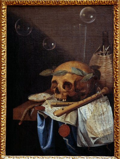 Vanitas: naturaleza muerta con calavera, corona de laureles, flautas, partitura y jarra de vino de Simon Renard de Saint Andre