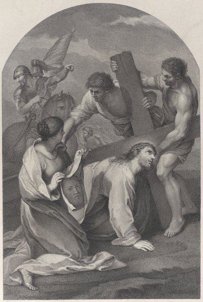 Cristo caído al suelo bajo el peso de la cruz, con dos hombres asistiendo, ca. 1729 de Simon Vallee