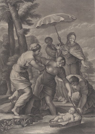 Tres mujeres sacando la canasta con el infante Moisés del agua, ca. 1729 de Simon Vallee