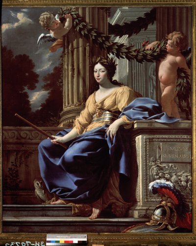 Retrato alegórico de Ana de Austria (1601-1666) (Retrato alegórico de Ana de Austria). La Reina de Francia representada como la diosa Minerva (Atenea) rodeada de sus atributos (casco, escudo, búho y cinturón con la máscara de Medusa). Registro de Simon Vouet