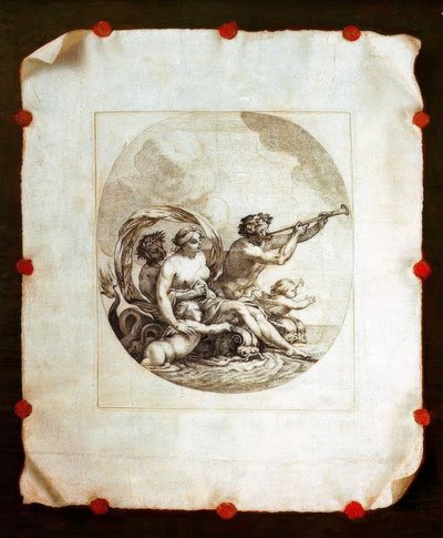 Trompe l’oeil con grabado de Galatea de Simon Vouet