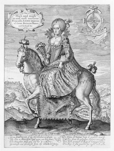 Retrato ecuestre de Ana de Dinamarca (1574-1619) grabado por el artista, publicado por Compton Holland, 1616 de Simon de Passe