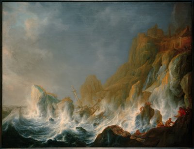 Naufragio en una tormenta en el mar en una costa rocosa de Simon de Vlieger