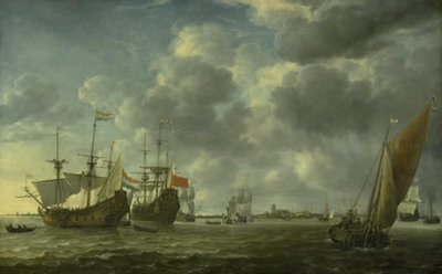 Barcos en el río Mosa frente a Róterdam de Simon de Vlieger