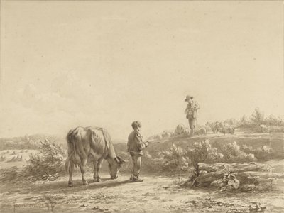 Niño con vaca y pastor de Simon van den Berg