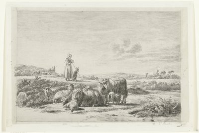 Paisaje con una pastora y un perro con un rebaño de ovejas de Simon van den Berg