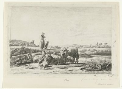 Paisaje con una pastora y un perro con un rebaño de ovejas de Simon van den Berg